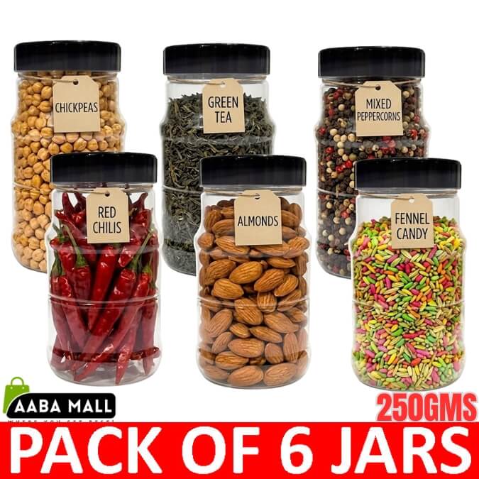 Pack of 6 jars with various contents and labels on a white background.