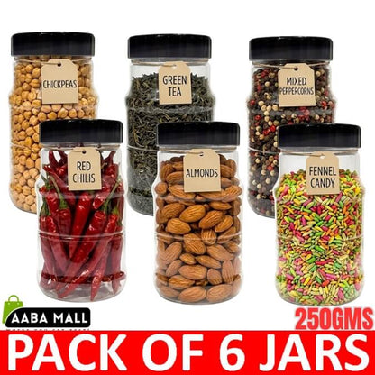 Pack of 6 jars with various contents and labels on a white background.