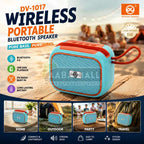 Wireless portable Bluetooth speaker with features and usage scenarios on a wooden surface.