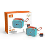 Blue portable speaker with orange accents on a white background, featuring the brand 'DV' and model number 'DV-1017'.