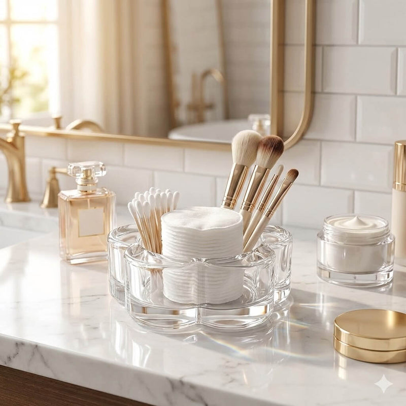 Cosmetic setup on a marble counter with brushes, cotton pads, and a perfume bottle.