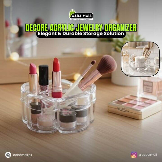 Decor acrylic jewelry organizer with makeup items on a table, featuring Aaba Mall branding.