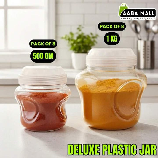 Two plastic jars with different contents on a kitchen counter, with text indicating weight and quantity.
