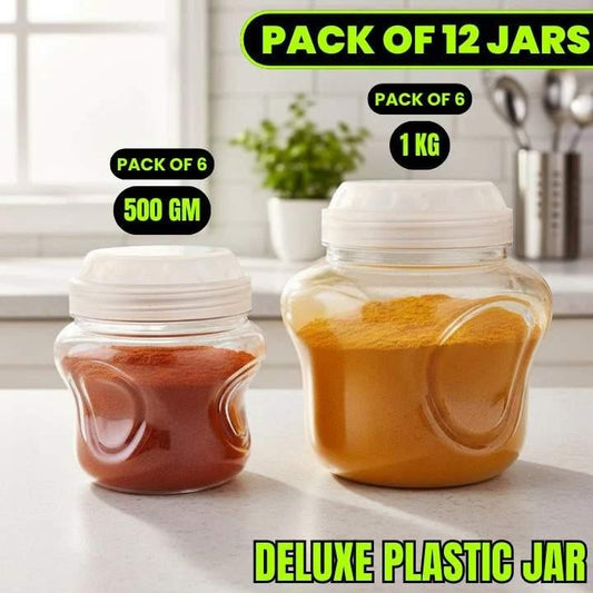 Two plastic jars with different contents on a kitchen counter, with text indicating pack sizes and product name.