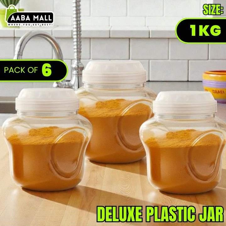 Three plastic jars with white lids on a kitchen counter, labeled as a pack of 6 from AABA MALL.