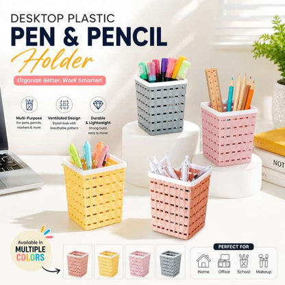 Desktop plastic pen and pencil holder with colorful pens and pencils on a desk. AABA MALL 