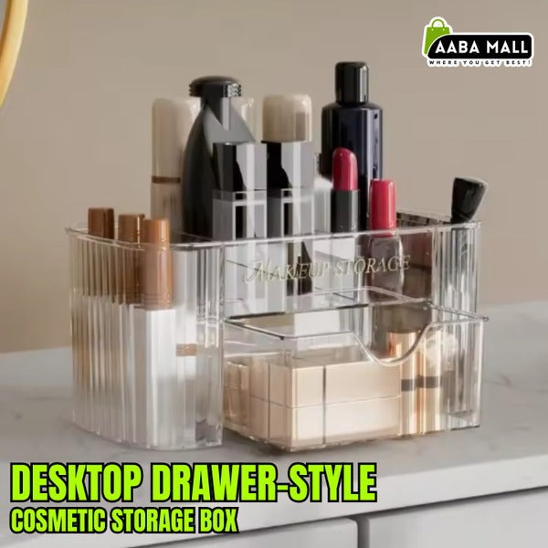 Desktop drawer-style cosmetic storage box with makeup items on a neutral background, featuring the brand 'AABA MALL'.