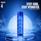 Blue water bottle on a reflective surface with a blue background and text about hydration.