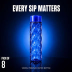 Blue diamond-patterned water bottle with 'Every Sip Matters' text on a dark background