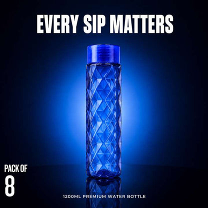 Blue diamond-patterned water bottle with 'Every Sip Matters' text on a dark background