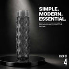 Black diamond-patterned water bottle on a dark background with text about the product.