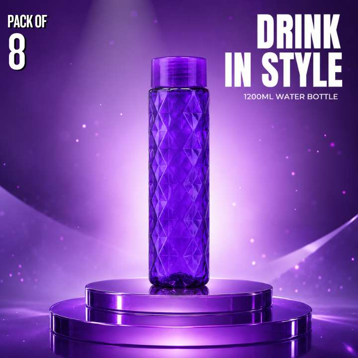 Purple water bottle on a purple platform with 'Drink in Style' text and product details.