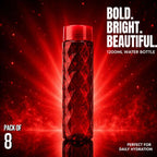 Red water bottle with geometric pattern on a red background, featuring text about the product.