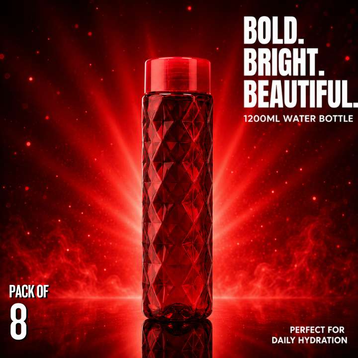 Red water bottle with geometric pattern on a red background, featuring text about the product.