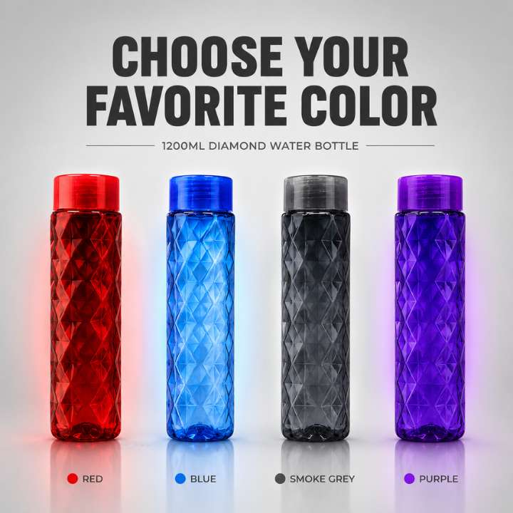 Four diamond-patterned water bottles in red, blue, smoke gray, and purple with text 'Choose Your Favorite Color' on a light gray background.