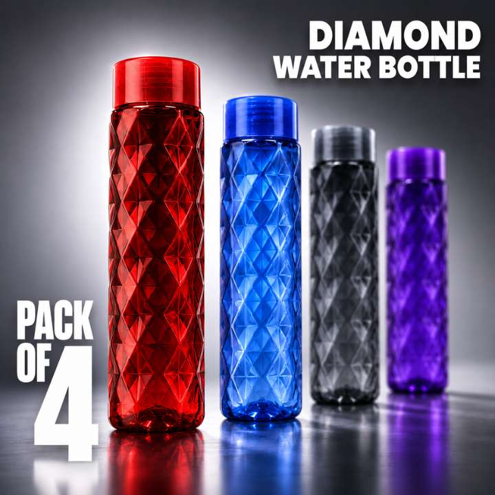 Four diamond-patterned water bottles in red, blue, black, and purple on a dark background.