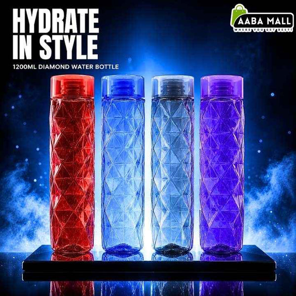 Four diamond water bottles in red, blue, clear, and purple on a dark background with 'AABA MALL' branding.