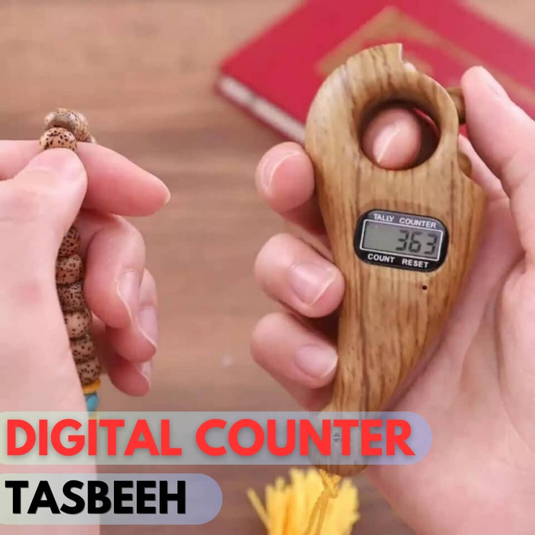 Digital tasbeeh counter with wooden handle held by hands on a blurred background