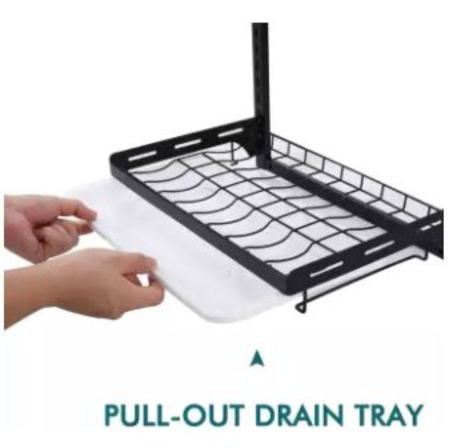Wall mounted 2-tier stainless steel dish drying rack with drainer, showing cutlery organizer and cutting board holder installed