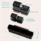 Black car organizer with compartments and measurements on a beige background
