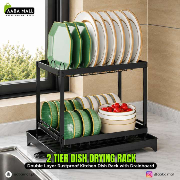 2 Tier Dish Drying Rack | Double Layer Rustproof Kitchen Dish Rack with Drainboard & Utensil Holder