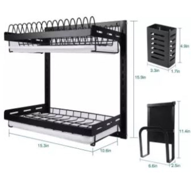 Wall mounted 2-tier stainless steel dish drying rack with drainer, showing cutlery organizer and cutting board holder installed