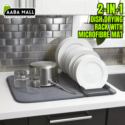 A 2-in-1 compact dish drying system showing a small white dish rack resting on a gray microfiber drying mat (44x20cm size) on a kitchen counter.