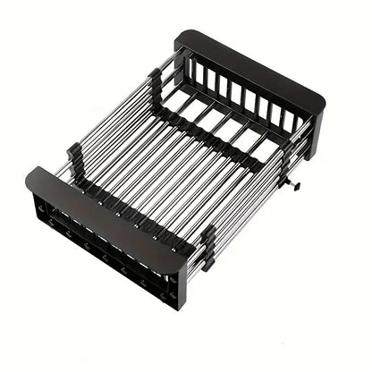 over the sink dish rack, stainless steel dish rack, expandable drying rack, kitchen organizer, dish drainer, rust resistant rack, space saving kitchen rack, fruit and vegetable drainer, dish drying rack