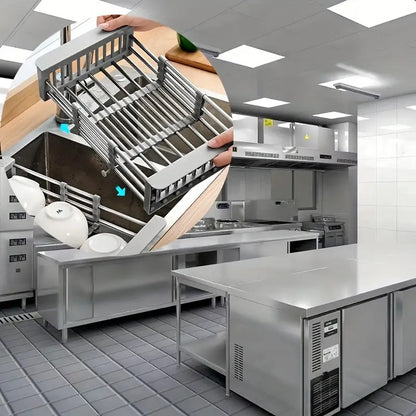 over the sink dish rack, stainless steel dish rack, expandable drying rack, kitchen organizer, dish drainer, rust resistant rack, space saving kitchen rack, fruit and vegetable drainer, dish drying rack