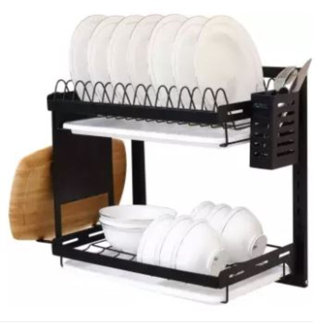 Wall mounted 2-tier stainless steel dish drying rack with drainer, showing cutlery organizer and cutting board holder installed