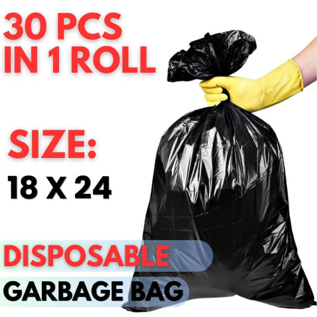 Black garbage bag with a gloved hand, text indicating 30 pcs in 1 roll, size 18 x 24, and disposable nature.