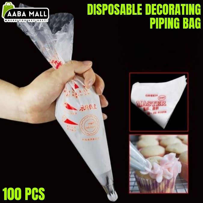 Disposable decorating piping bag held by a hand with 'AABA MALL' branding.