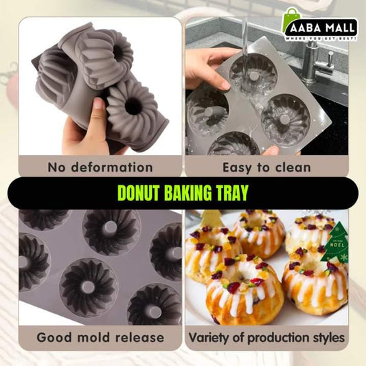 Donut baking tray with features and examples of donuts made using it.