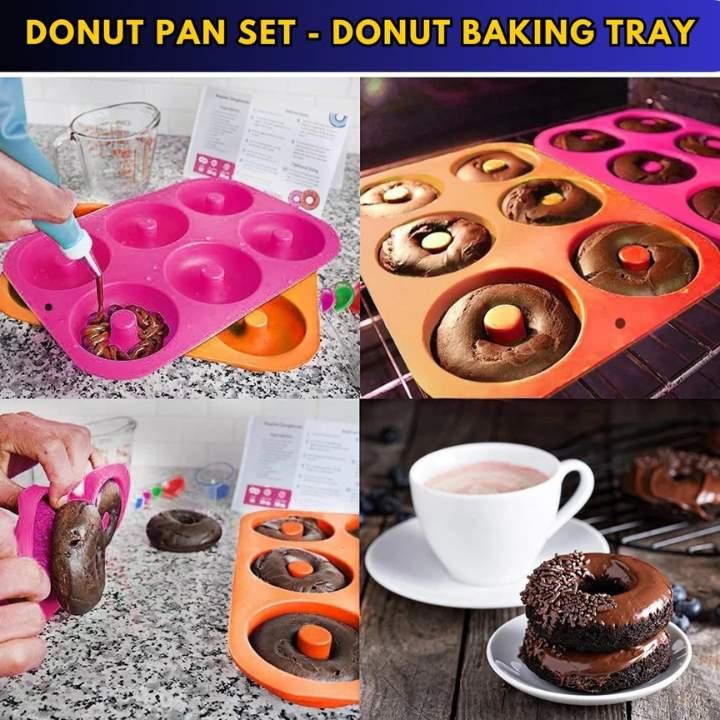 Collage of a donut pan set with baking and serving images.