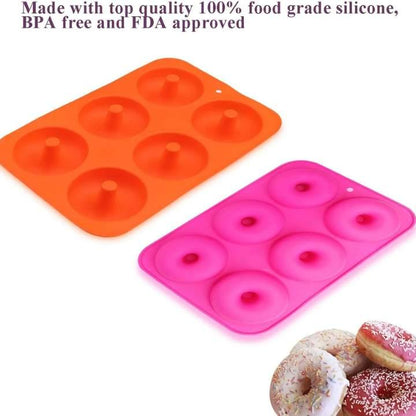 Two silicone donut molds, one orange and one pink, with text about food grade quality on a white background.