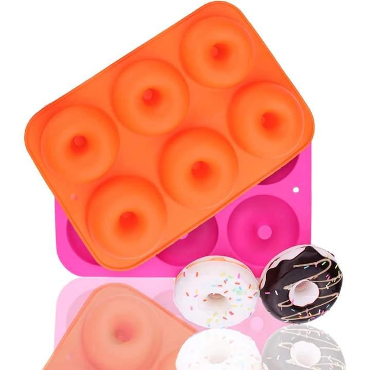 Silicone donut mold with colorful donut illustrations on a white background