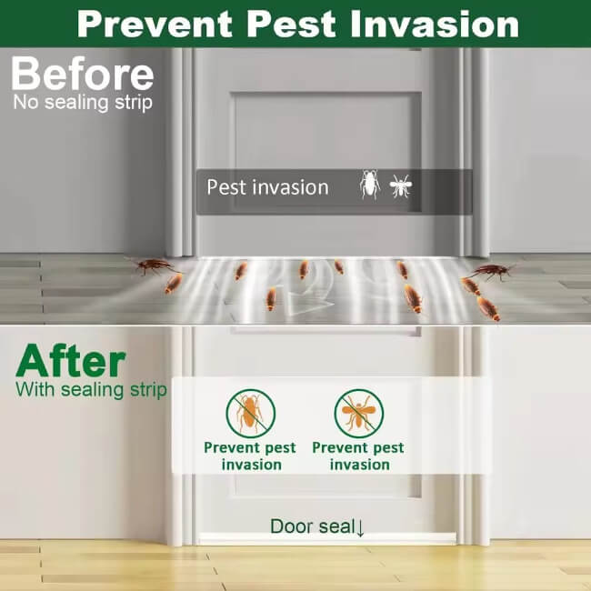 Before and after comparison of a door seal preventing pest invasion.