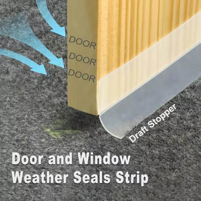 Door and window weather seals strip with text and arrows indicating airflow.