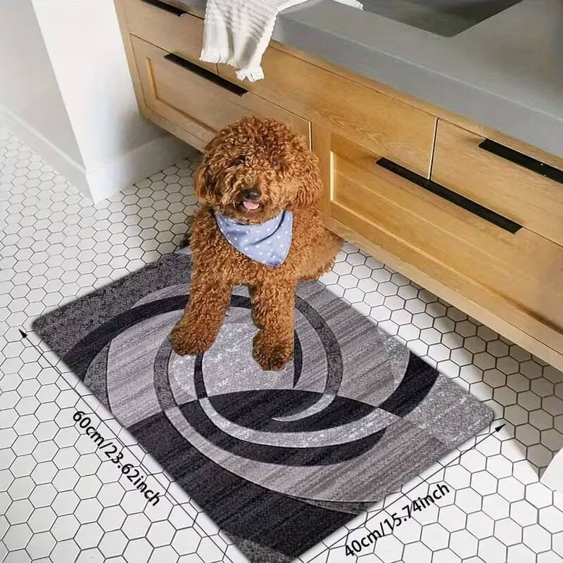 Dog standing on a patterned rug in a bathroom
