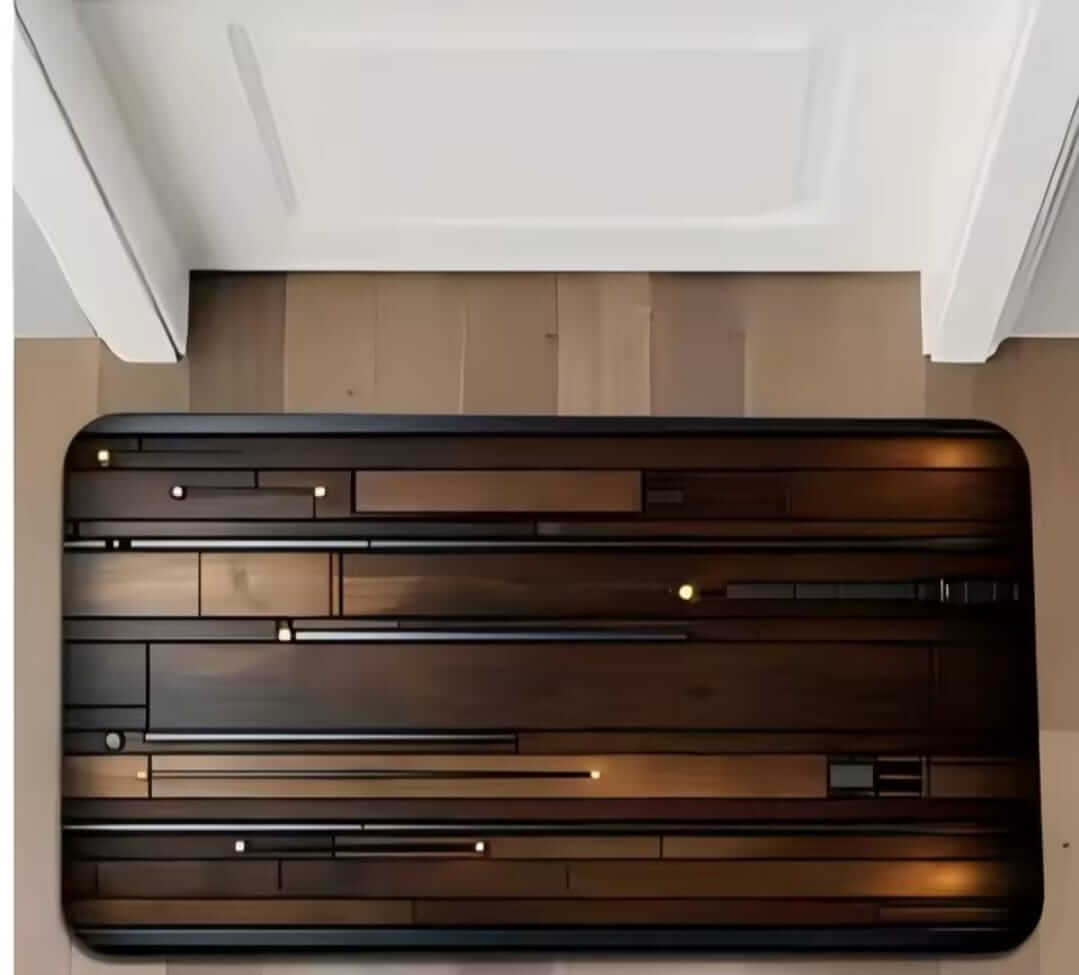 Wooden floor mat with a modern design on a wooden floor.