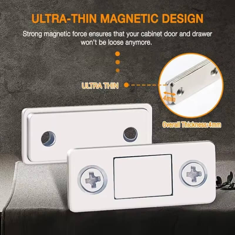Ultra-thin magnetic design for cabinet doors and drawers with close-up detail on a dark background.