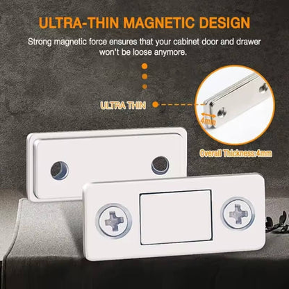Ultra-thin magnetic design for cabinet doors and drawers with close-up detail on a dark background.