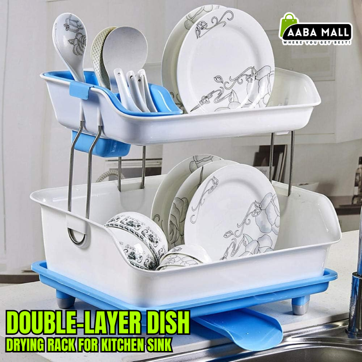 Double-layer dish drying rack on kitchen sink