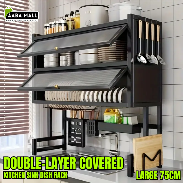 Large 75cm double-layer kitchen sink dish rack with dust-proof cover