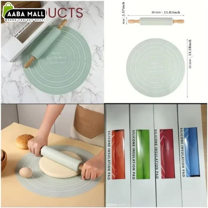 Silicone non-stick dough baking mat with roller pin set