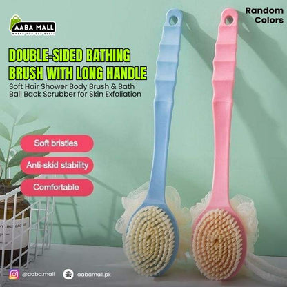 Two double-sided bathing brushes with long handles, one blue and one pink, on a light green background.