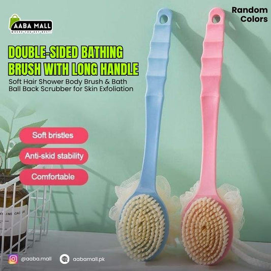 Two double-sided bathing brushes with long handles, one blue and one pink, on a light green background.