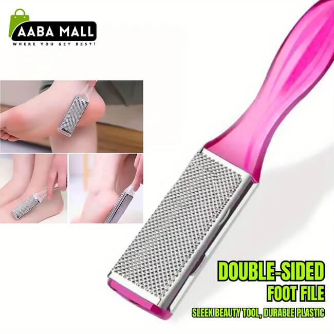 Double-sided foot file with pink handle and metal surface, shown on a white background.