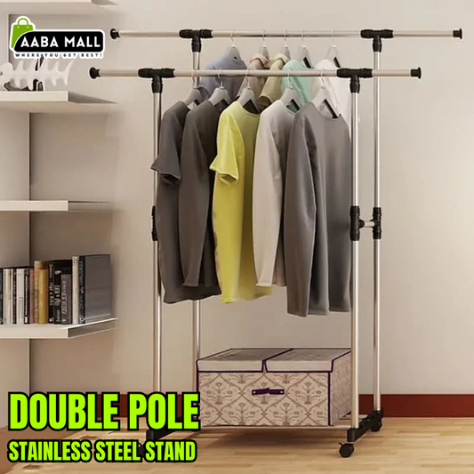 Adjustable Double Pole Clothes Stand – Portable Garment Rack with Wheels | Rolling Coat Hanger Organizer & Display Stand