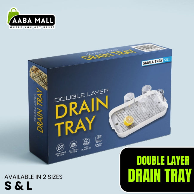 Double-layer plastic drain tray with perforated top layer and anti-slip base, used for drying sponges and kitchen tools